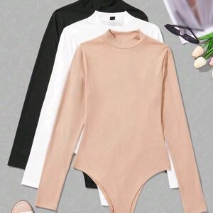 Elegant Long Sleeve Bodysuit - Black, White, and Tan